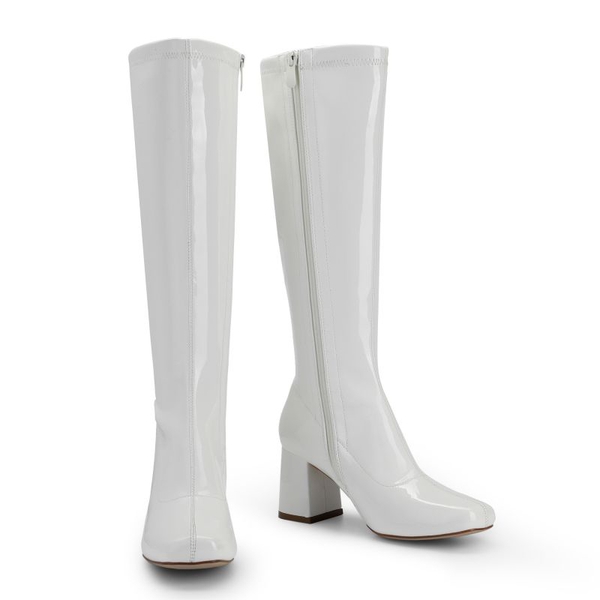 Desire Square Toe Chunky Knee High Gogo Bootscccdddeeeddd - WHITE PATENT PU - 3